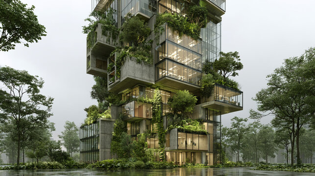 Concrete tower block featuring staggered balconies and overgrown vegetation in a misty landscape.