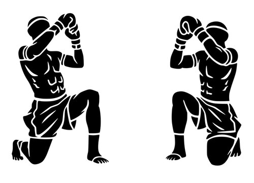 Black silhouettes of two kneeling Muay Thai fighters in Wai Khru ritual, bold vector design symbolizing respect, tradition, and martial culture.