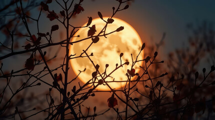 Obraz premium Autumn branch silhouette frames glowing full moon at twilight