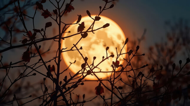 Autumn branch silhouette frames glowing full moon at twilight