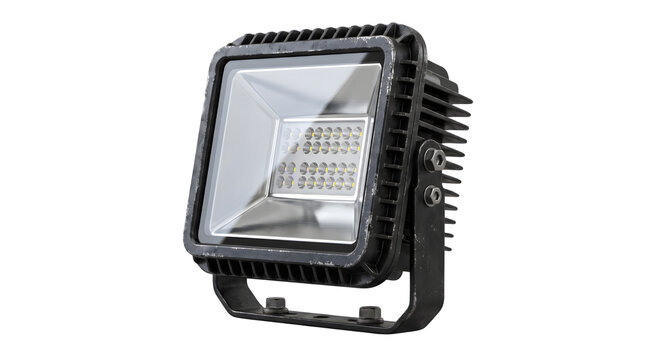 Industrial LED floodlight with black metal housing, professional outdoor security spotlight on white background, high-power waterproof exterior lighting