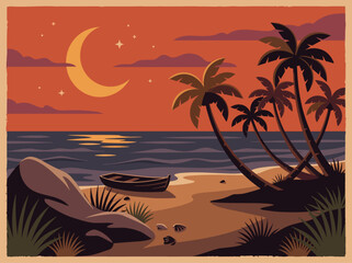 Fototapeta premium Serene Tropical Beach Landscape at Sunset with Crescent Moon and Boat Resting on Sandy Shore