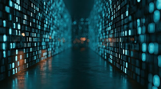 Abstract glowing binary code tunnel with orange and blue lights