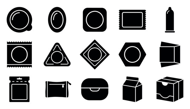 Contraceptive packaging and condom icons in minimalist black silhouette on white background for safe sex campaigns
