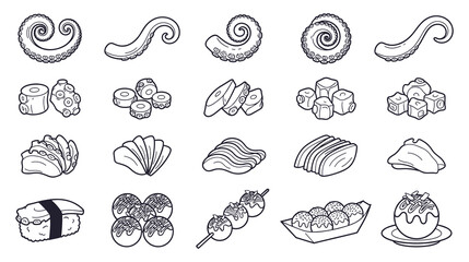 Obraz premium Octopus seafood food icons set black outline drawing sketch style.