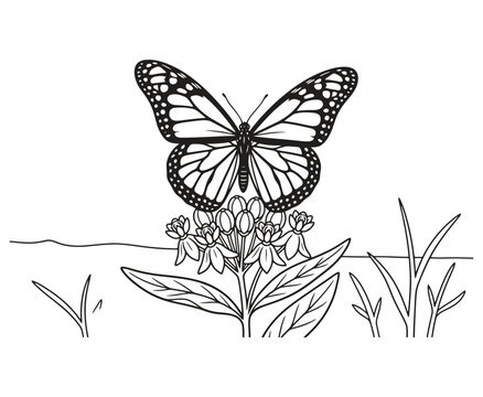 Monarch butterfly on a flower coloring page line art.
