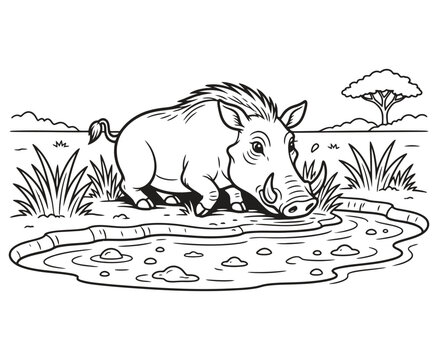 Warthog standing by a watering hole in african savanna line art.