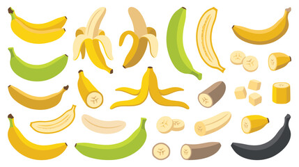 Fototapeta premium Fresh bananas collection with peeled fruit slices and healthy snacks.