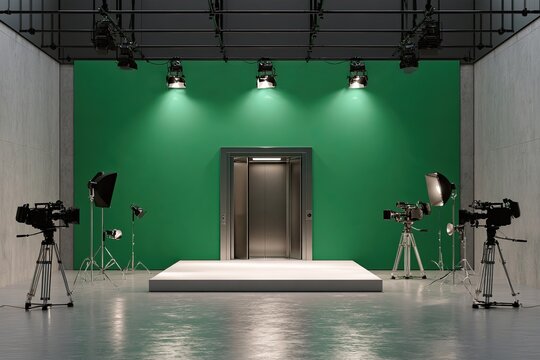 Empty studio with elevator on stage, cameras, lights, green backdrop