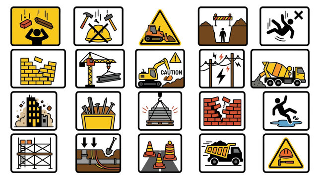 Construction Safety Signs Icons Set: Warning, Hazard, Danger, Protective Measures, Equipment, Isolated