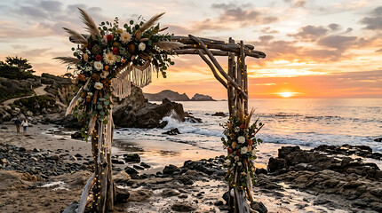 Obraz premium RusticWoodenArchWeddingSetupSunsetBeach.