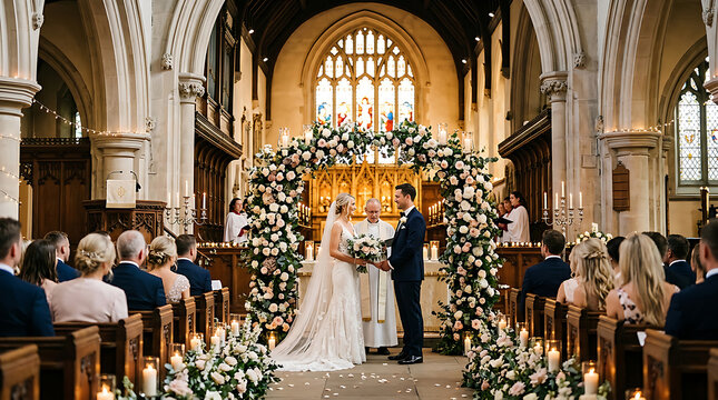 NewlywedsExchangingVowsInBeautifulChurchCeremony.