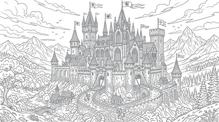 Obraz premium Fantasy Castle Illustration on Mountain Landscape