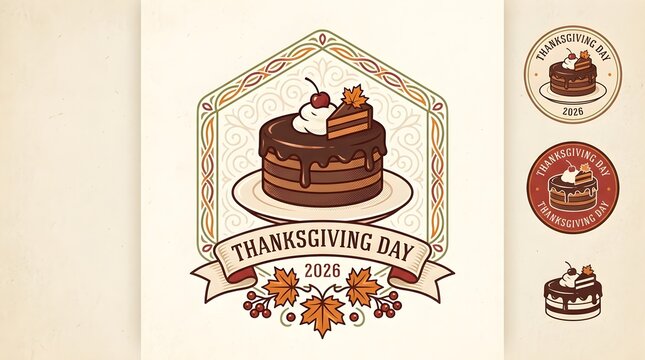 Thanksgiving Day 2026 Vintage Logo and Badge Set with Chocolate Cake, Cherry, and Autumn Leaves