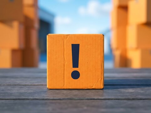 Orange cardboard box with exclamation mark symbol on wooden surface outdoor with blurred stacked boxes and blue sky in background, shipping and delivery concept.