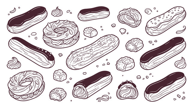 Delicious french eclair pastries collection in linear doodle style.