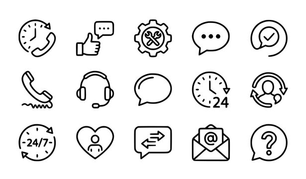 Customer Support and Call Center Thin Line Icons &ndash; Callback Chat and 24/7 Service Vector Set