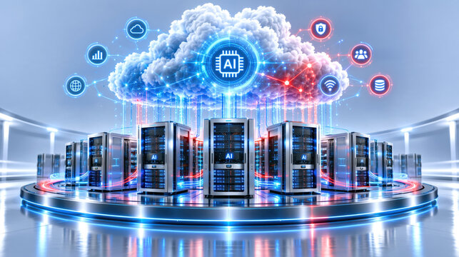 AI cloud infrastructure data center with server rack array and glowing network connections creating futuristic digital intelligence atmosphere