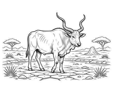 Ankole Watusi bull standing in African savannah in hand drawn sketch style.