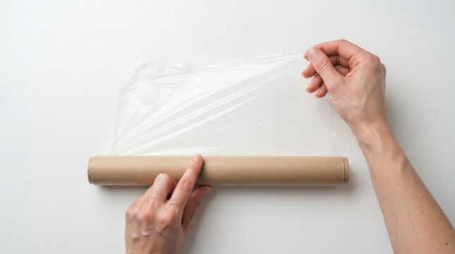 Hands pulling a sheet of transparent plastic wrap from a cardboard roll isolated on white background