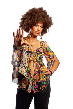 Confident Young Woman with Afro Hair Making Stop Sign Hand Gesture