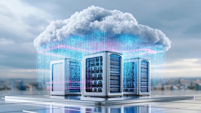 Cloud data center with servers under digital rain and neon network visualization expressing futuristic AI connectivity