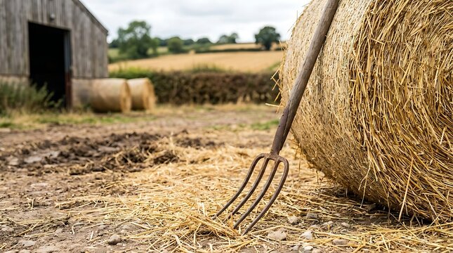 Close up of large round hay bale with pitchfork in rural farm field near wooden barn for agricultural harvest.