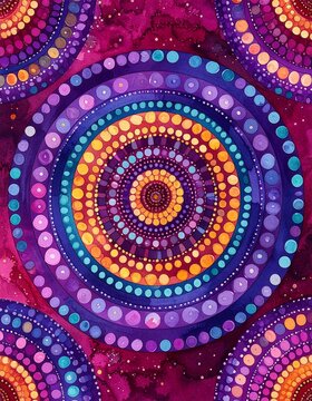 Vibrant circular mandala patterns with colorful dots in purple, blue, orange, and yellow hues on a rich red and pink textured background.