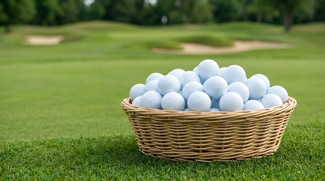 A wicker basket filled with many white golf balls sits on a vibrant green golf course, ready for an enjoyable day of practice or play under the open sky