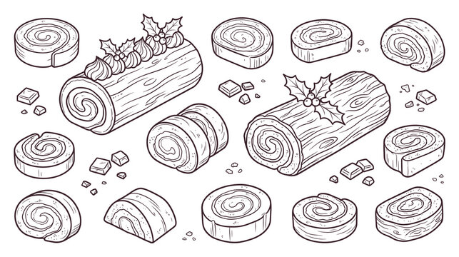 Christmas chocolate yule log cake monochrome outline vector set.