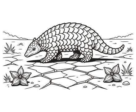 Pangolin line art illustration on dry cracked earth.