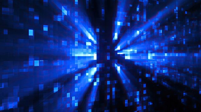 Abstract blue light streaks emanate from a central glowing pixelated core