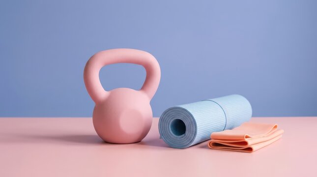 A pink kettlebell, a rolledup blue yoga mat, and a peachcolored resistance band arranged on a pink surface against a light blue background