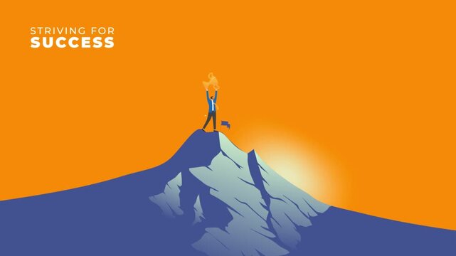 Striving for Success Man on Mountain Peak Orange Animated
