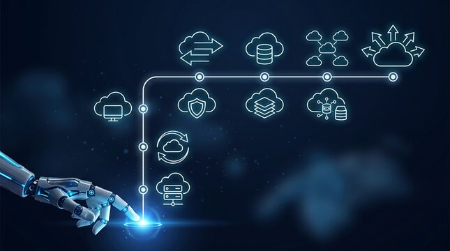 Robotic hand touching glowing interface panel with cloud computing icons representing automated cloud management and artificial intelligence integration in digital business services