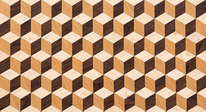 Geometric Cube Trompe l Oeil Parquetry Wood Inlay Pattern