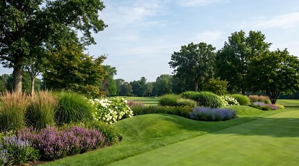 Fototapeta premium Serene and meticulously designed golf course landscape showcasing lush greenery, diverse flowering plants, and mature trees, creating a tranquil outdoor setting