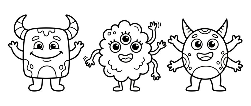 Cute little monsters outline coloring page coloring book for kids