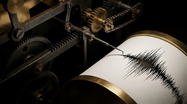 Close-up view of antique seismograph machine recording earthquake vibrations on paper drum with intricate gears and mechanism.