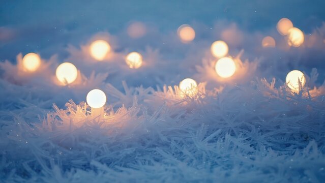Warm glowing lights on snowy winter ground