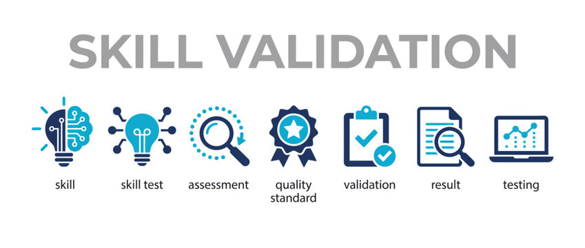 Skill validation icons set with concepts of testing, assessment, quality standard and results