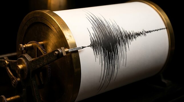 Close-up view of antique seismograph machine recording earthquake vibrations on paper drum with intricate gears and mechanism.