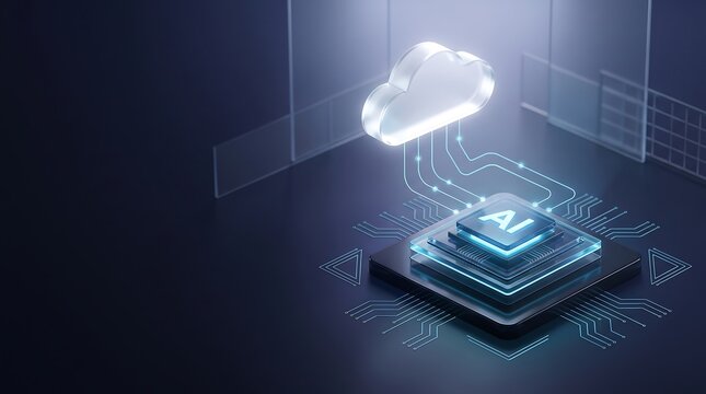 processor chip with glowing cloud icon floating above circuit board representing advanced cloud computing and artificial intelligence integration in modern computer hardware