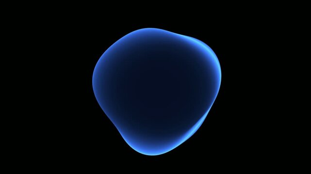 Abstract blue glowing liquid sphere morphing and floating on a black background