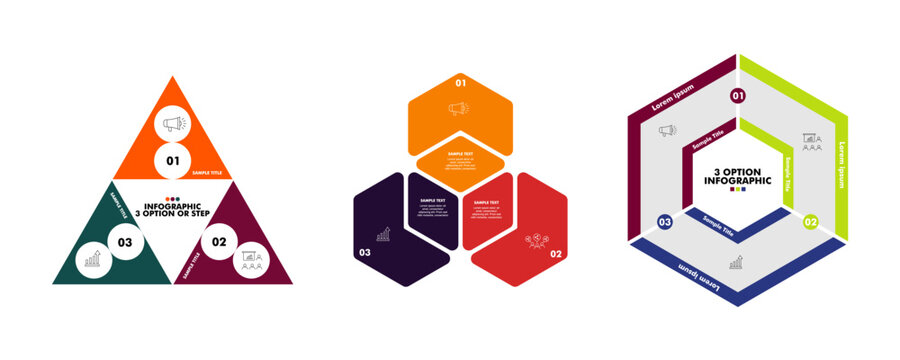 Infographic diagram set featuring 3 options, steps, and sections for presentation and report templates.