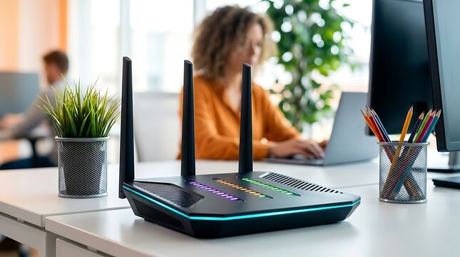 Modern black wi-fi router with glowing led indicators positioned on clean white office desk with blurred laptop user and green houseplant in the background.
