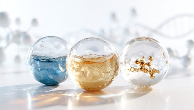 Three transparent spheres with different liquid contents and suspended particles