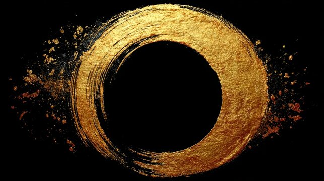 Single zen enso circle with gold brushstroke on black background, imperfect elegant minimalist design, traditional Japanese ink style, isolated simplicity, meditative and calming aesthetic.