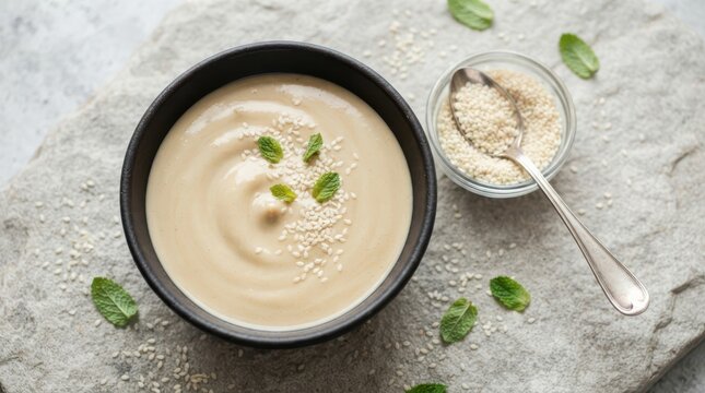Tahini sauce in a black bowl with sesame seeds and fresh mint leaves on a textured stone surface