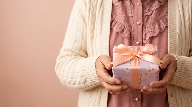 Elderly woman holds beautifully wrapped lavender gift box adorned with delicate cherry blossom print and satin peach ribbon as heartwarming gesture of love.